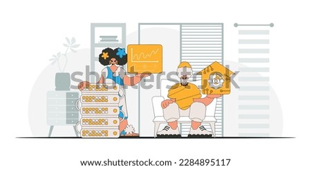 Guy and girl together form a team in the IoT industry, drawn in modern vector.style.
