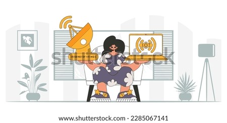 Girl with laptop and satellite dish for Internet of Things modern, vector character style.