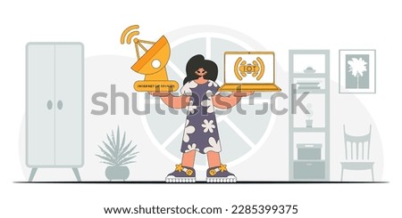 Girl equipped with laptop and satellite dish, ready for the Internet of Things. Vector, modern design.