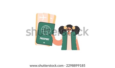 The energized lady holds a visa and trade for the preeminent disconnect tickets in his hands. Restricted on white foundation. Trendy style, Vector Illustration