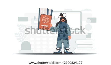 The flooding woman holds a visa and see at tickets in his hands. The concept of rest and travel. Trendy style, Vector Illustration