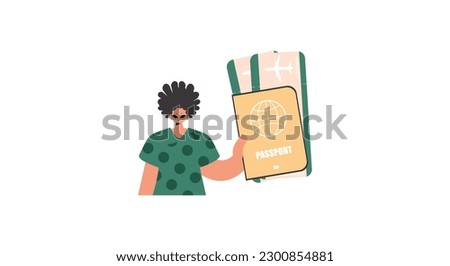 The person holds a visa and see at tickets in his hands. Kept on white foundation. Trendy style, Vector Illustration