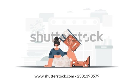 The flooding woman holds a visa and see at tickets in his hands. The concept of rest and travel. Trendy style, Vector Illustration