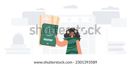 The lively woman holds a visa and see at tickets in his hands. The concept of rest and travel. Trendy style, Vector Illustration