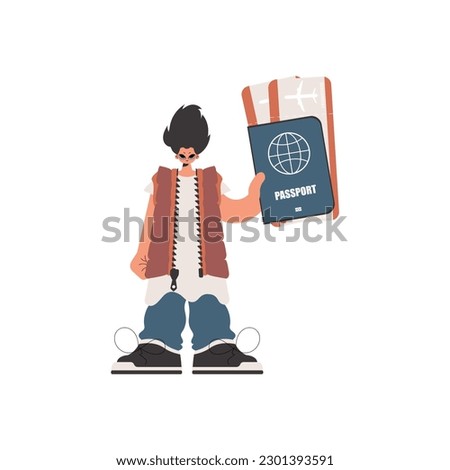 The individual holds a visa and see at tickets in his hands. Kept on white establishment. Trendy style, Vector Illustration