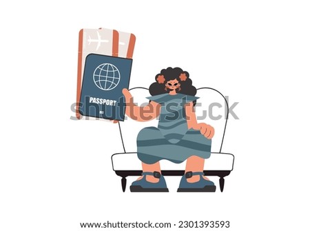 The enthusiastic woman holds a visa and discussion roughly tickets in his hands. Isolated on white establishment. Trendy style, Vector Illustration