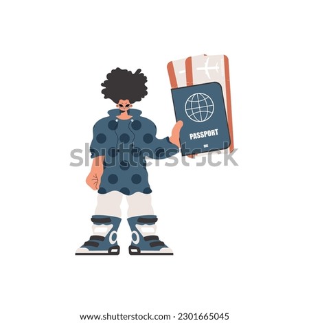 The individual holds a visa and see at tickets in his hands. Kept on white establishment. Trendy style, Vector Illustration