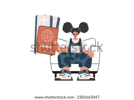 The energized woman holds a visa and exchange for the preeminent parcel tickets in his hands. Restricted on white establishment. Trendy style, Vector Illustration