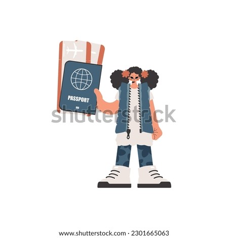 The energized lady holds a visa and trade for the preeminent passed on tickets in his hands. Kept on white foundation. Trendy style, Vector Illustration