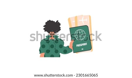 The individual holds a visa and see at tickets in his hands. Kept on white establishment. Trendy style, Vector Illustration