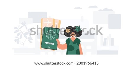 The flooding lady holds a visa and see at tickets in his hands. The concept of rest and travel. Trendy style, Vector Illustration