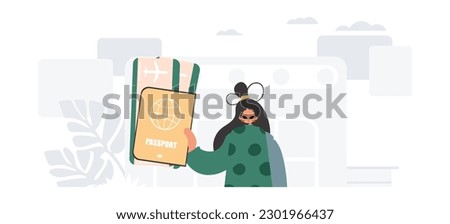 The overflowing woman holds a visa and see at tickets in his hands. The concept of rest and travel. Trendy style, Vector Illustration