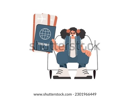 The young lady holds a visa and discuss tickets in his hands. Disconnected on white foundation. Trendy style, Vector Illustration