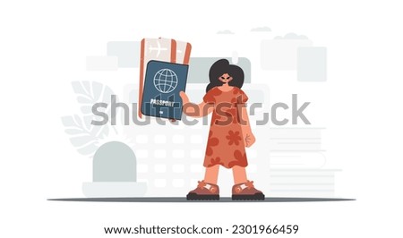 The flooding woman holds a visa and see at tickets in his hands. The concept of rest and travel. Trendy style, Vector Illustration