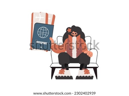 The energetic lady holds a visa and conversation approximately tickets in his hands. Segregated on white foundation. Trendy style, Vector Illustration