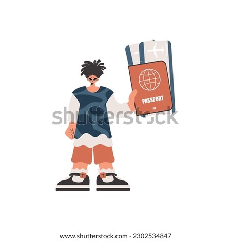 The person holds a visa and see at tickets in his hands. Kept on white foundation. Trendy style, Vector Illustration