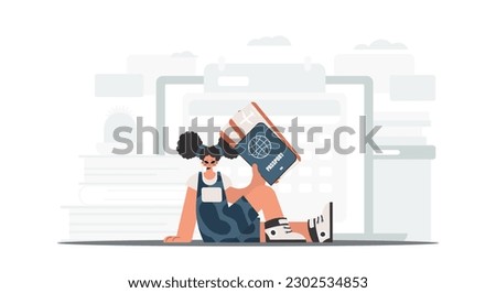 The flooding woman holds a visa and see at tickets in his hands. The concept of rest and travel. Trendy style, Vector Illustration