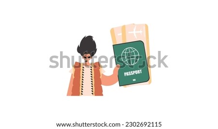 The individual holds a visa and see at tickets in his hands. Kept on white establishment. Trendy style, Vector Illustration