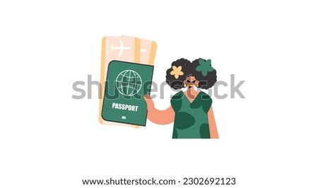 The energized lady holds a visa and trade for the preeminent distributed tickets in his hands. Kept on white foundation. Trendy style, Vector Illustration