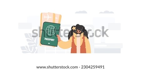 The energetic lady holds a visa and look at tickets in his hands. The concept of rest and travel. Trendy style, Vector Illustration