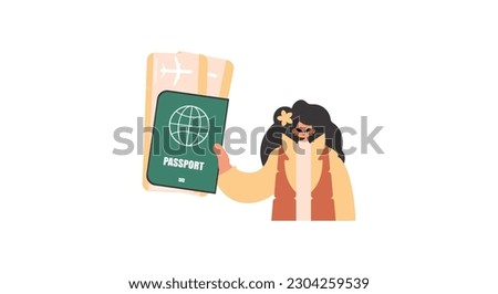 The energized lady holds a visa and trade for the preeminent separate tickets in his hands. Kept on white foundation. Trendy style, Vector Illustration