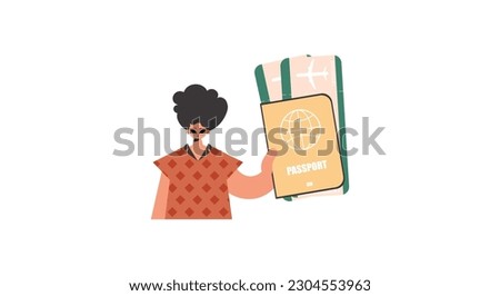 The person holds a visa and see at tickets in his hands. Kept on white foundation. Trendy style, Vector Illustration