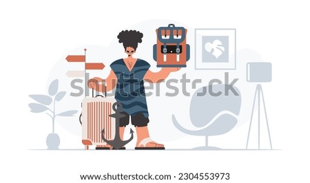 The person is holding a travel rucksack and a pillage. The concept of rest and travel. Trendy style, Vector Illustration