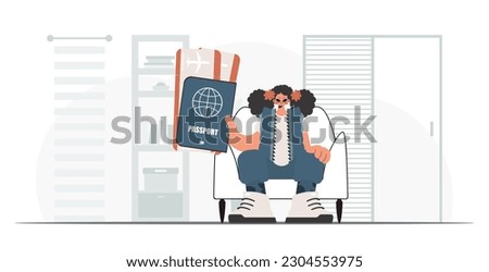 The flooding lady holds a visa and see at tickets in his hands. The concept of rest and travel. Trendy style, Vector Illustration