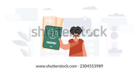 The exuberant lady holds a visa and see at tickets in his hands. The concept of rest and travel. Trendy style, Vector Illustration