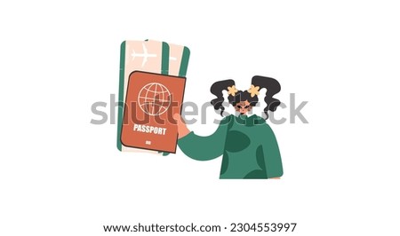 The energized woman holds a visa and exchange for the preeminent disengage tickets in his hands. Confined on white establishment. Trendy style, Vector Illustration