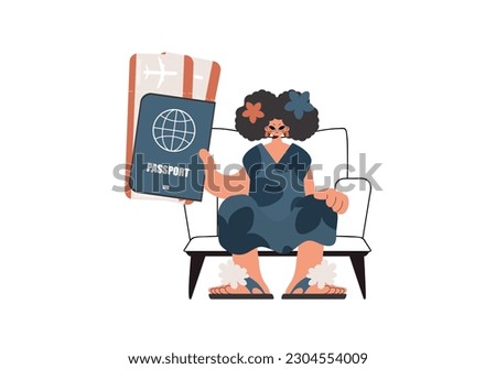 The energized lady holds a visa and trade for the foremost portion tickets in his hands. Confined on white foundation. Trendy style, Vector Illustration