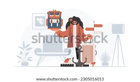 The energetic lady is holding a travel rucksack and a pillage. The concept of rest and travel. Trendy style, Vector Illustration
