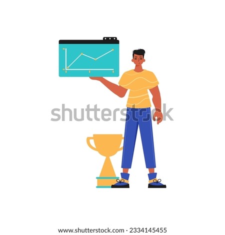The ridicule holds a graph with positivist moral exponent in his workplace impel. Trendy style, Vector Illustration