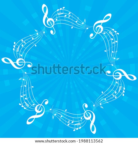 bright blue music background with white musical notes as decorative frame and center flash - vector