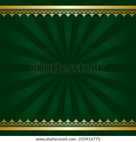 dark green background with golden decorations and rays