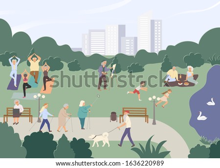 Pensioners, old women, men practise yoga, do nordic walking, selfie, go with dog, have picnic near lake, pond with swans, paint landscape, spend time with grandchild, work at laptop. Vector cartoon.