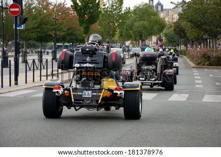 BORDEAUX, FRANCE, OCTOBER 23, 2013: A column of quad  bikes in Bordeaux, France