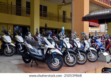 CHIANG RAI, THAILAND, MARCH 24, 2014: Motorcycles in line in a shop in Chiang Rai city, Thailand
