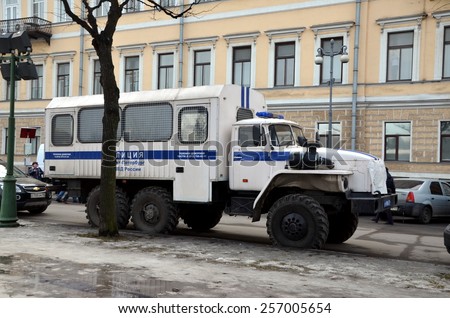 SAINT-PETERSBURG, RUSSIA, MARCH 1, 2015 - Police prisoner transport vehicle on procession in memory of Boris Nemtsov in St. Petersburg on March 1st 2015