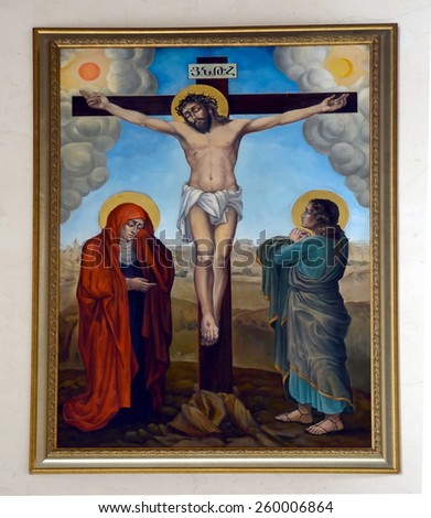 ST. PETERSBURG, RUSSIA, MARCH 10, 2015 - Crucifix. Fresco in Armenian Church of St Catherine in Saint-Petersburg, Russia