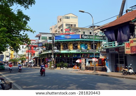 HUE, VIETNAM - APRIL 17, 2015 - Cityscape of Hue, Vietnam. View on one of the central streets