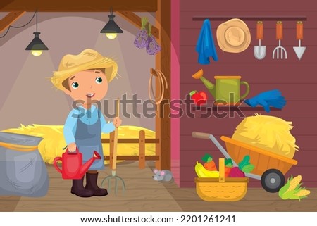 Vector illustration of farmer and different gardening inside the barn