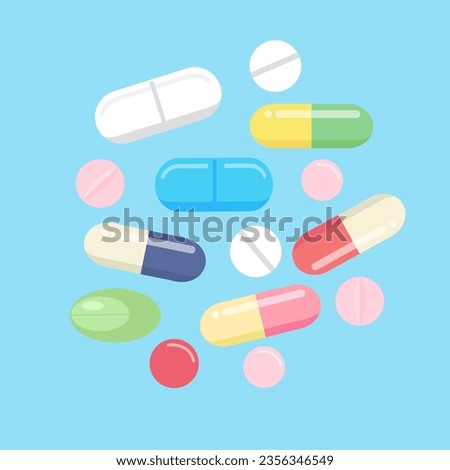 Set of vector pills and capsules. Icons of medicament. Tablets in blisters: painkillers, antibiotics, vitamins and aspirin. Pharmacy and drug symbols.