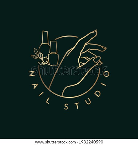 Nail studio logo, nail salon, nail polish bottles with branch, female hand, golden logo