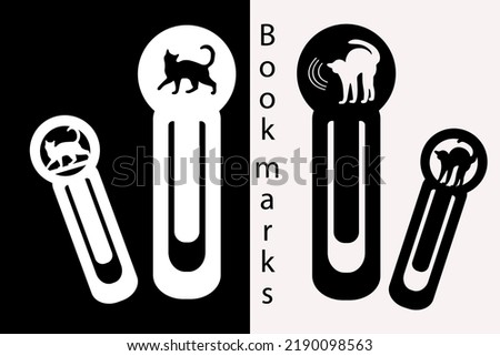 Silhouettes of a cat on a bookmark. Office tools. Paper cut. Laser cutting.