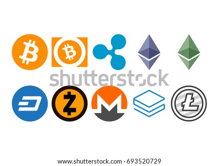 Cryptocurrency logo set - bitcoin, bitcoin cash, litecoin, ethereum, ethereum classic, monero, ripple, zcash, dash, stratis