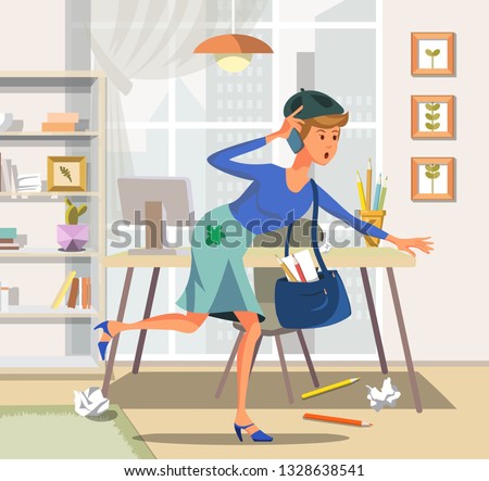 Vector Illustration Flat Woman with Phone Runs Towards. Artist Tight Schedule for Lecture Institute. Spot on Skirt Glass are Colored Pencils Bookshelf Table Computer Monitor on Background City.