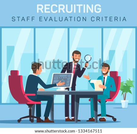Flat Banner Recruiting Staff Evaluation Criteria. Vector Illustration on Blue Background. In Office Men in Business Suits are Sitting at Table and Discussing Issues Closing Vacancy.