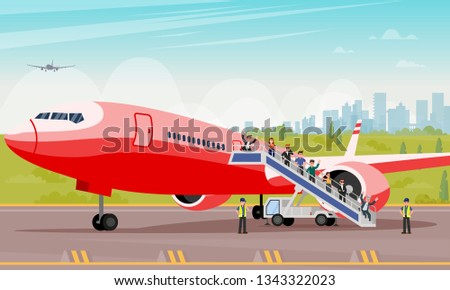 Passengers Walk Down Stairs Flat Illustration. Vector Background Buildings Big City. Men and Women in Casual Wear Rejoice Successful Landing and get Off Stairs from Large Red Plane.