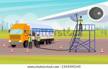 Airport Workers Pour Fuel into Aircrafts Tank Flat Vector Illustration. Joyful Men in Special uniforms Standing by Car with Balloon Fuel and Pumping Through Hose to Fill Aircrafts Tank. 